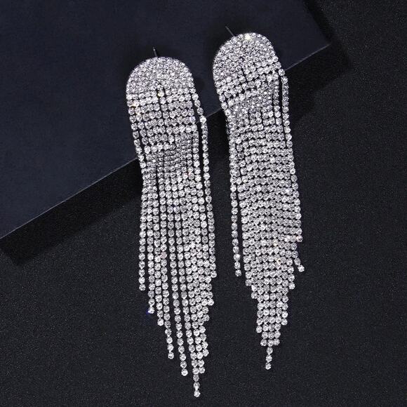 Silver Elegant Long Chandelier Rhinestone‎ Tassel Drop Bling Earrings - Picture 7 of 8